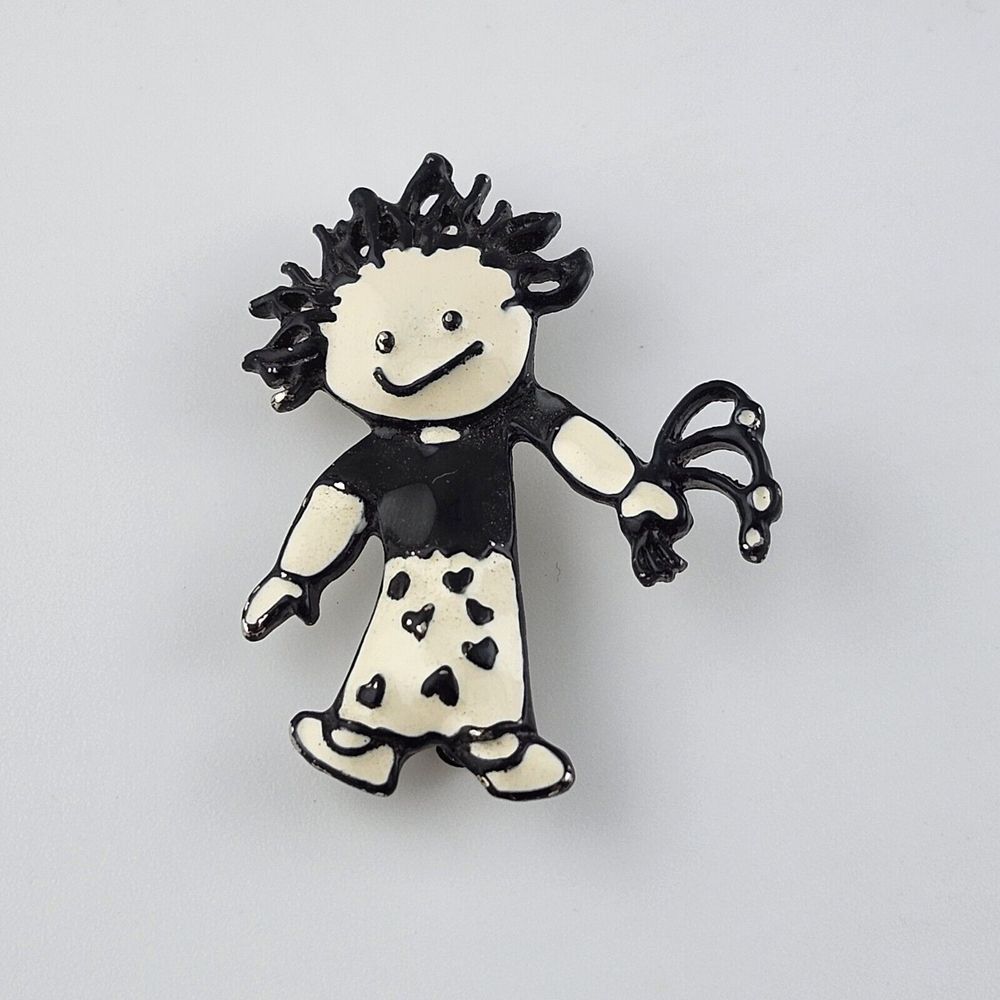 VTG SFJ Black & White Enamel Girl Pin Brooch - 1 3/4" Tall - Hearts Quirky